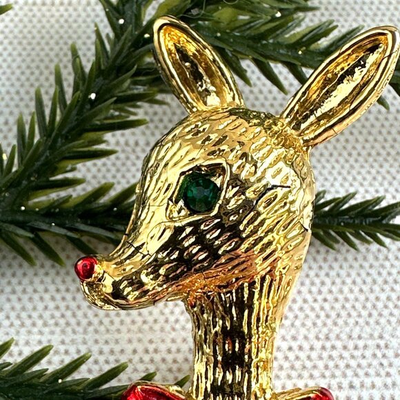 Rudolph The Reindeer Gold-Tone Brooch With Red Bow Tie & Green Rhinestone Eye - Picture 2 of 5